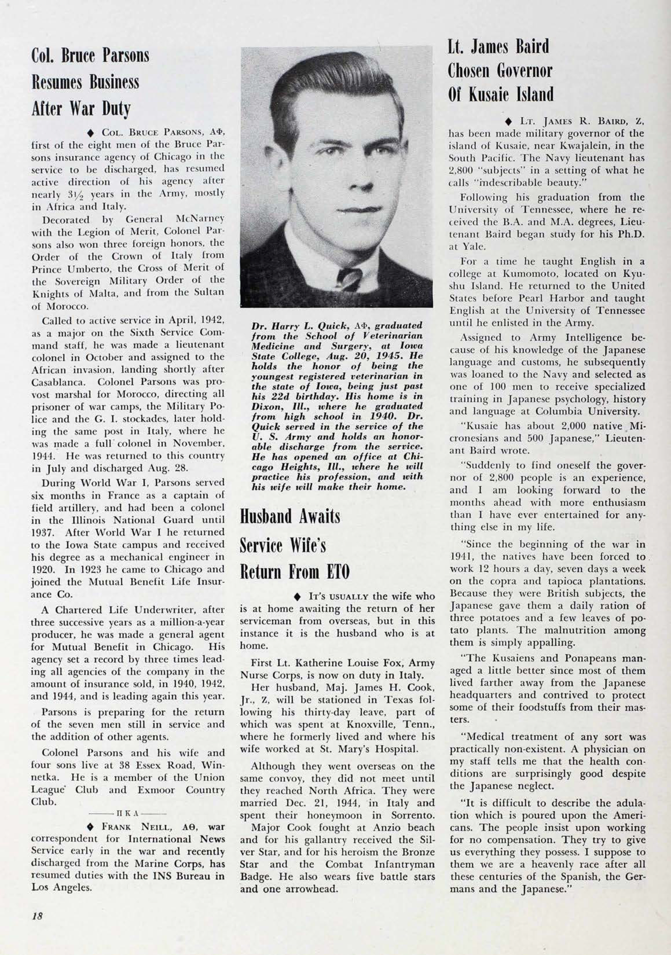 Col. Bruce Parsons Resumes Business After War Duty